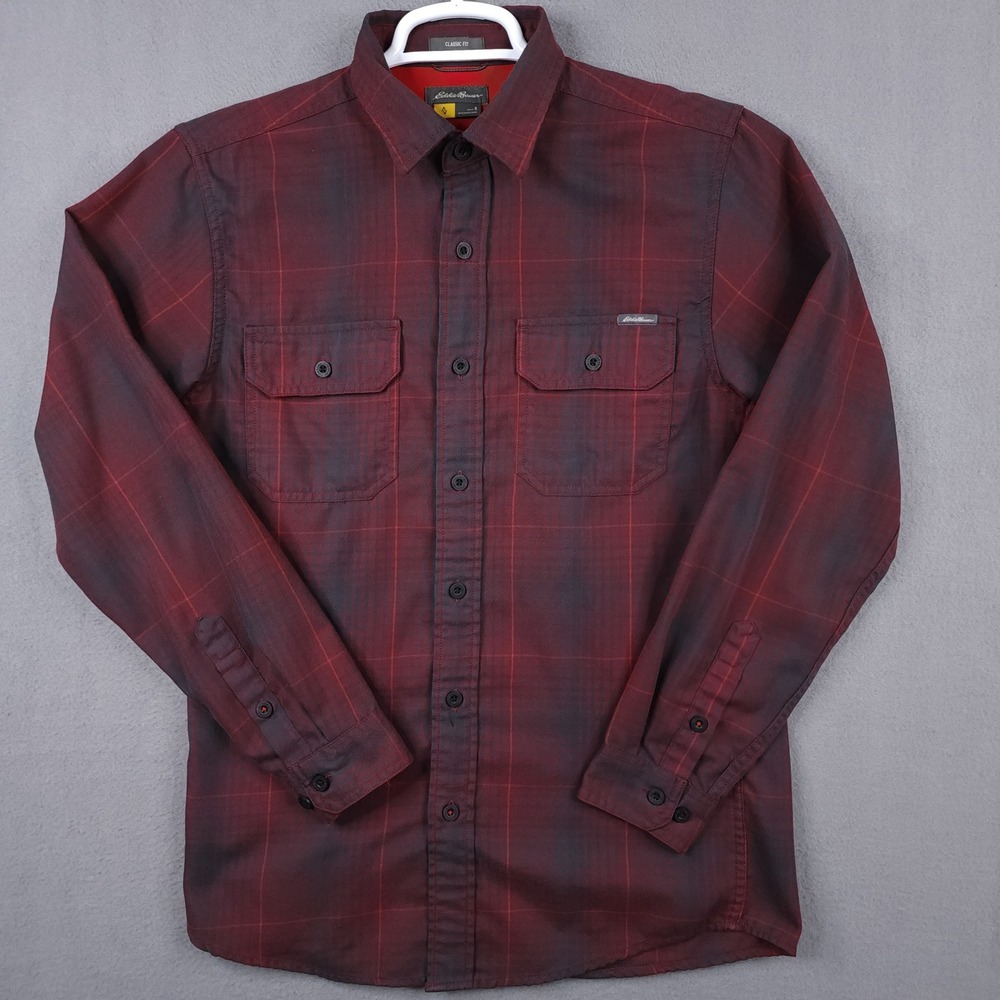Eddie Bauer Mens Small Classic Fit Red Plaid Long Sleeve Button Shirt Polyester